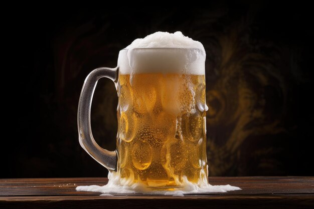 Photo une tasse remplie de bière se trouve sur une table en bois sur un fond sombre orné d'une abondance de bof