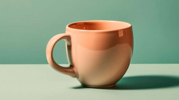 Une tasse rose sur une table avec un fond bleu