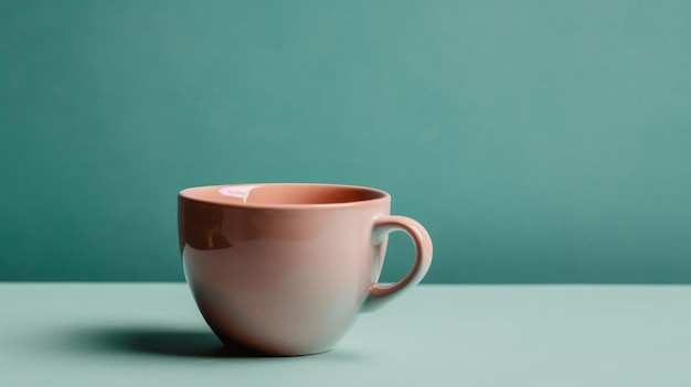 Une tasse rose sur une table verte