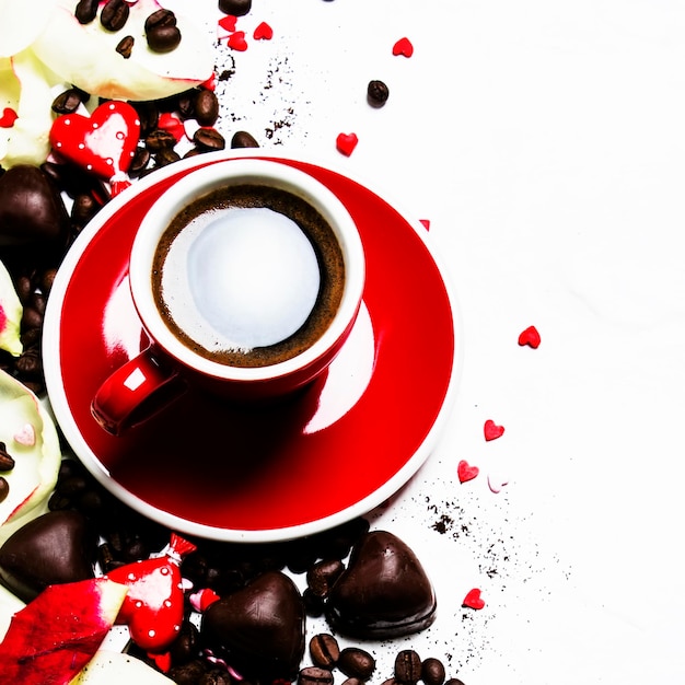 Tasse rouge de café expresso sur les bonbons de la Saint-Valentin et pétales roses vue de dessus sur fond blanc