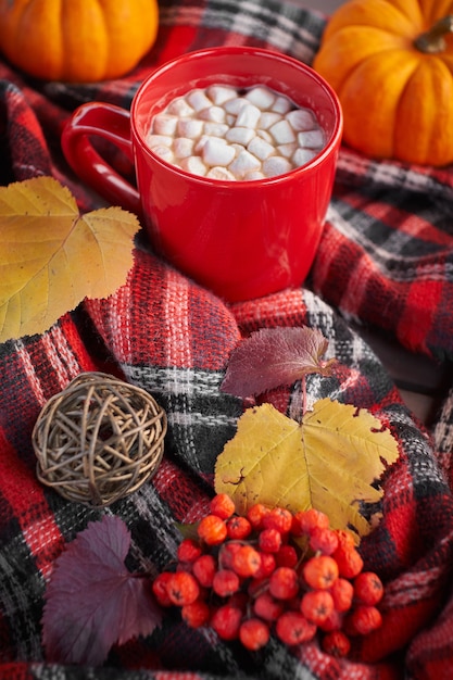 Tasse rouge avec café et guimauves. Ambiance d'automne, boisson réchauffante. Ambiance cosy, citrouilles jaunes