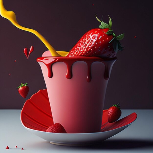 Une tasse rouge avec une fraise et un éclaboussement de liquide versé dedans.