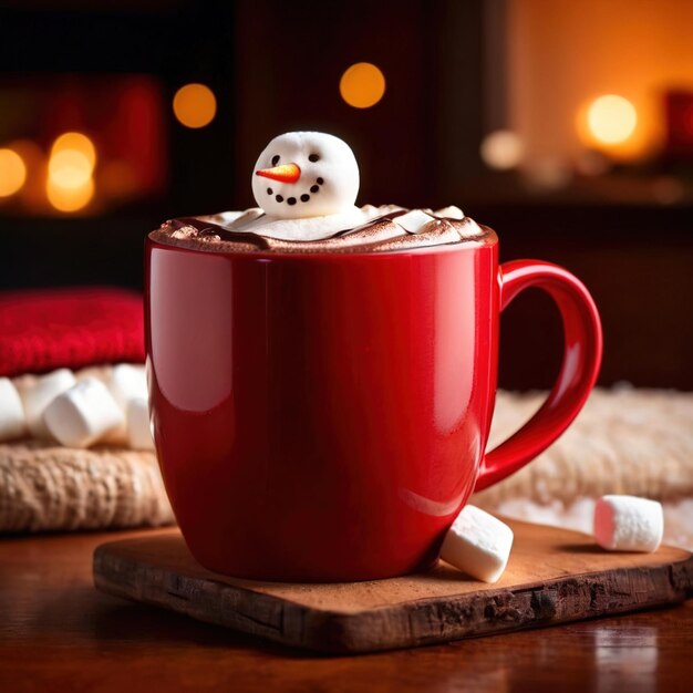 Une tasse rouge avec un marshmallow souriant, un thème festif de Noël.