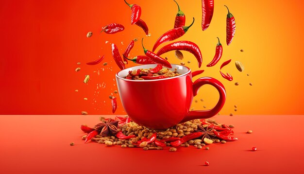 Photo une tasse rouge avec des piments et des piments dessus