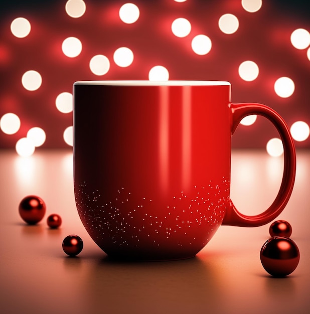 Une tasse rouge avec une poignée rouge est posée sur une table avec des lumières en arrière-plan.