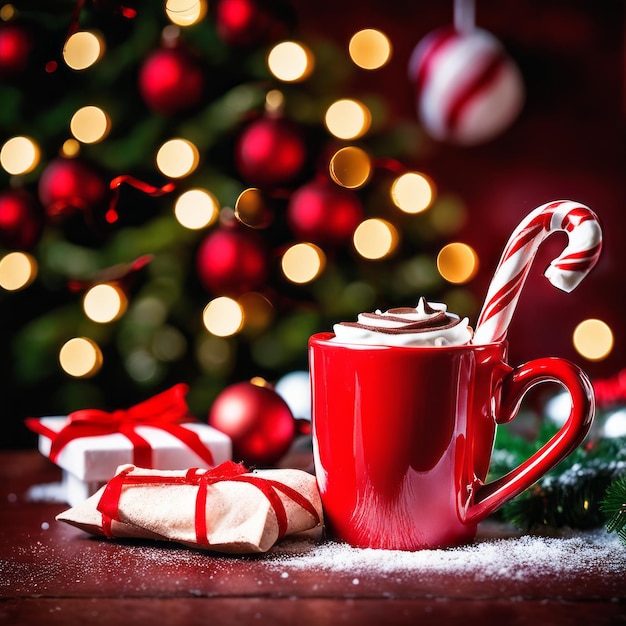 Une tasse rouge remplie de chocolat chaud et d'une canne à bonbons marshmallow sur une table rustique à l'arrière-plan de Noël