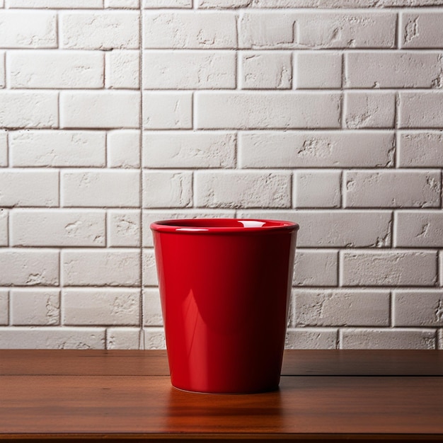 Tasse rouge sur table contre fond de mur de briques blanches