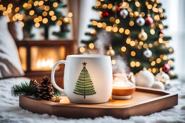 Une tasse avec un sapin de Noël dessus