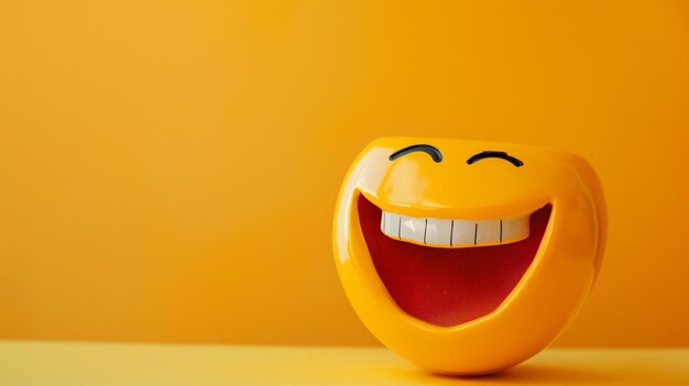 une tasse de smiley jaune avec un sourire denté sur elle