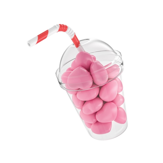 Tasse de smoothie en plastique avec des coeurs de sucre rose illustration de rendu 3d