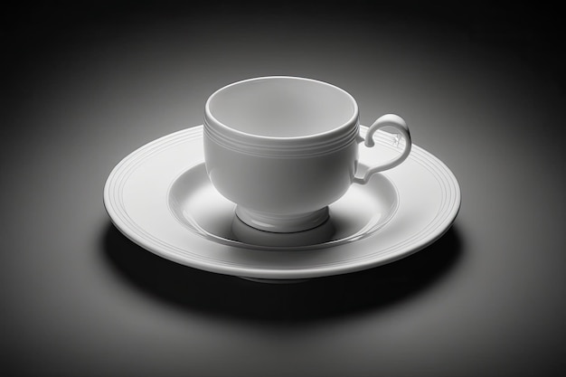 Tasse et soucoupe blanches sur un tableau noir avec une ombre AI générative