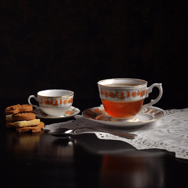 Une tasse et une soucoupe avec un motif sur le devant et une petite tasse de thé sur le devant.