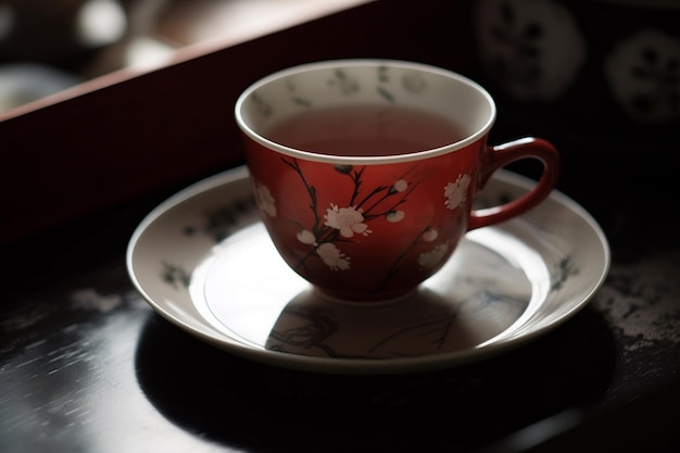 Une tasse sur une soucoupe avec un motif floral