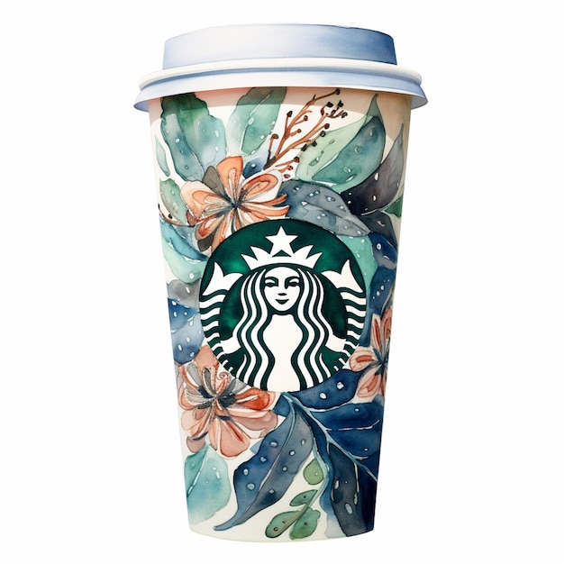 tasse starbucks avec un motif floral sur le côté et un couvercle ai génératif