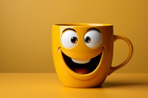 Une tasse de style dessin animé avec des sourires mignons et des mouvements de danse