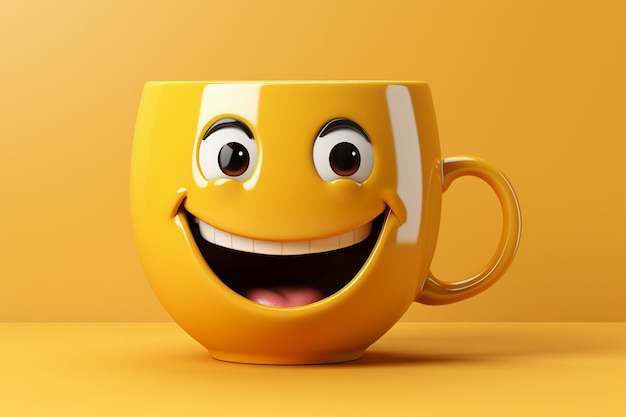 Une tasse de style dessin animé avec des sourires mignons et des mouvements de danse