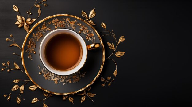 Tasse de style rétro vintage avec motif doré avec thé noir Vue de dessus espace de copie IA générative