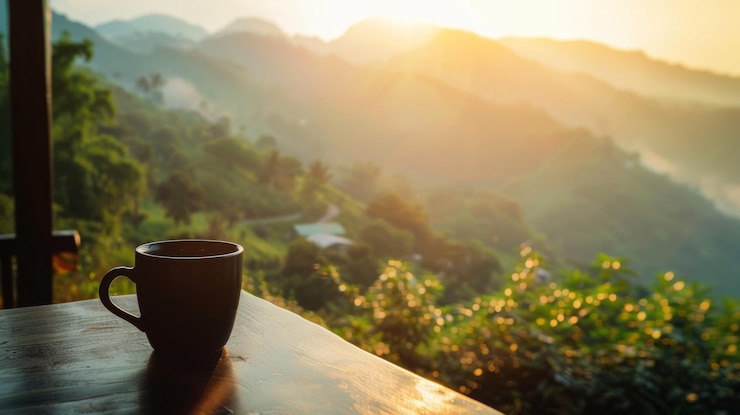 Photo une tasse de table à café un beau paysage