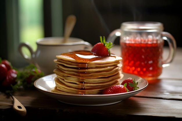 Tasse de thé avec assiette de crêpes