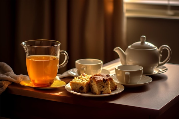 Une tasse de thé et une assiette de muffins sur une table