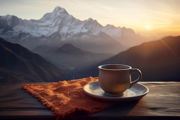 Une tasse de thé assis sur une table avec vue sur la montagne en arrière-plan ai générative