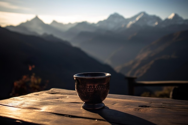 Une tasse de thé assis sur une table avec vue sur la montagne en arrière-plan ai générative
