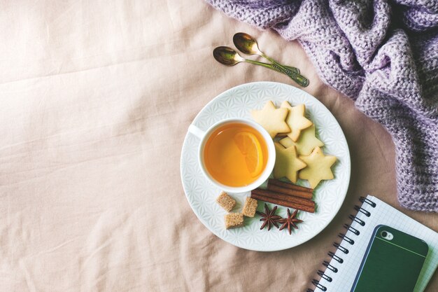 Tasse de thé au citron et aux biscuits, bâtonnets de miel et de cannelle, anis étoilé sur la couverture