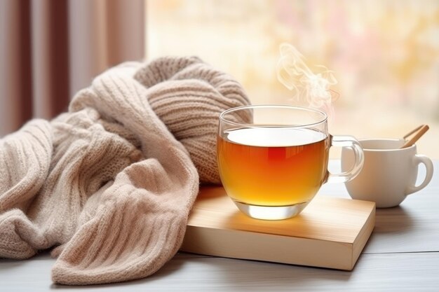 Une tasse de thé au citron et un foulard chaud
