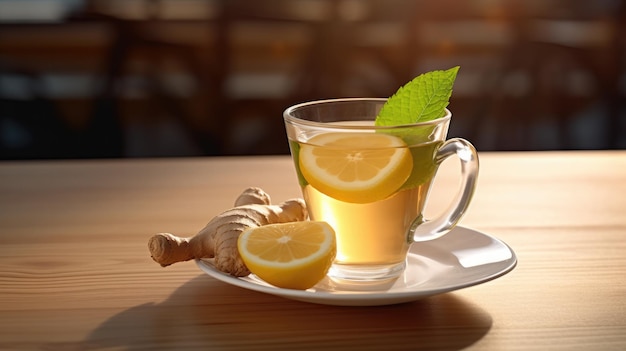 Une tasse de thé au gingembre avec un citron sur le côté