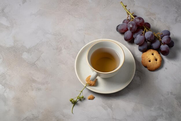 Tasse de thé aux raisins et fond de biscuits Vue de dessus