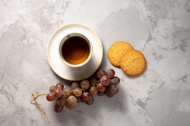 Photo tasse de thé aux raisins et fond de biscuits vue de dessus