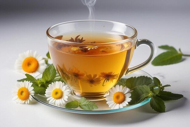 Photo tasse de thé à base de plantes et de fleurs fraîches sur un fond blanc isolé