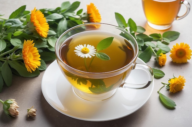 tasse de thé à base de plantes et de fleurs fraîches sur un fond blanc isolé