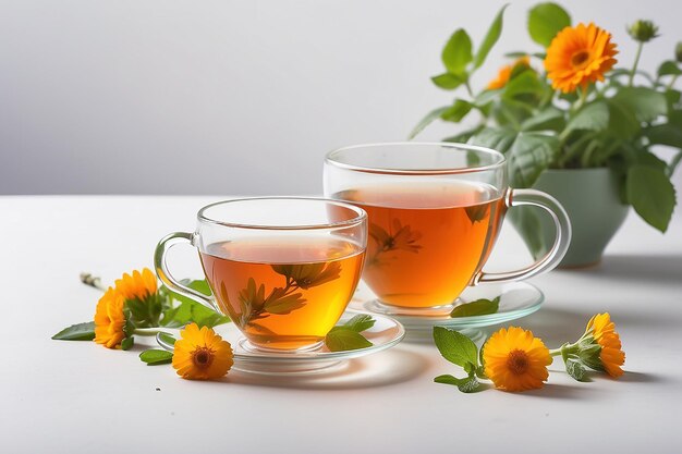 tasse de thé à base de plantes et de fleurs fraîches sur un fond blanc isolé