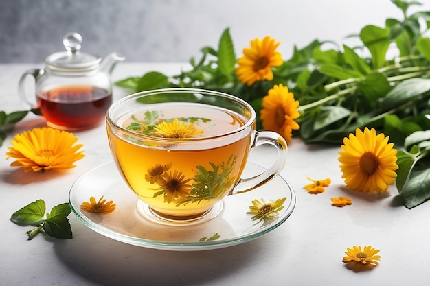 tasse de thé à base de plantes et de fleurs fraîches sur un fond blanc isolé