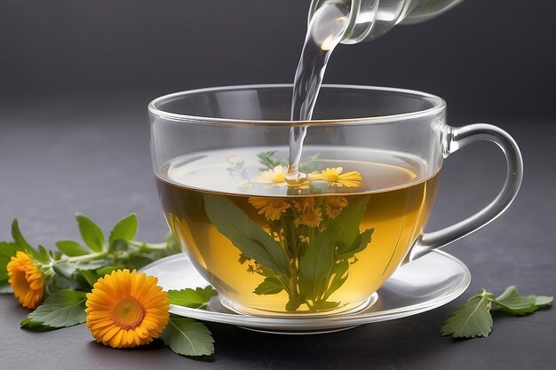 Photo tasse de thé à base de plantes et de fleurs fraîches sur un fond blanc isolé