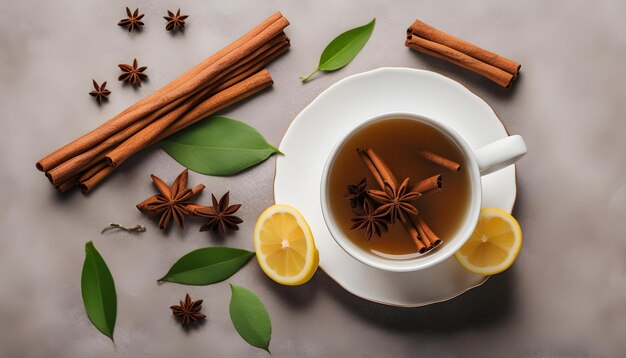 une tasse de thé avec des bâtons de cannelle et des bâtols de cannelle sur une table