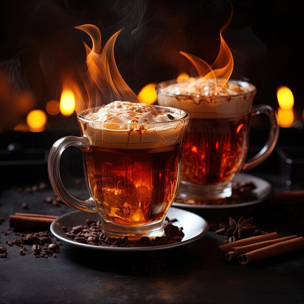 une tasse de thé avec des bâtons de cannelle à côté d'un feu