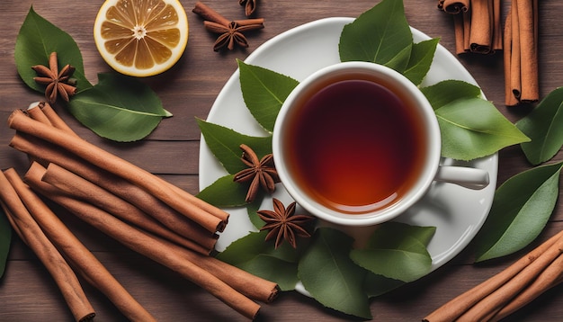 une tasse de thé avec des bâtons de cannelle et des feuilles sur une assiette