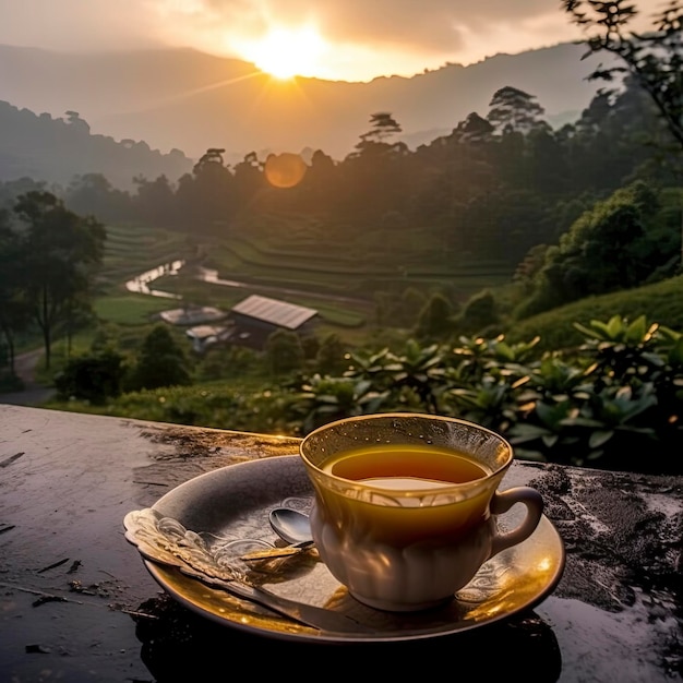 une tasse de thé avec une belle vue