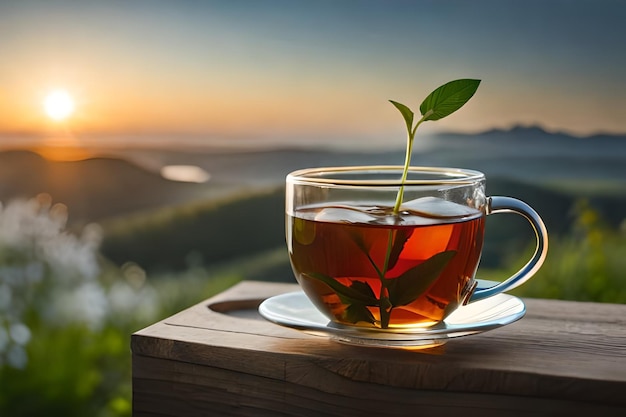 une tasse de thé avec un brin de menthe sur un plateau