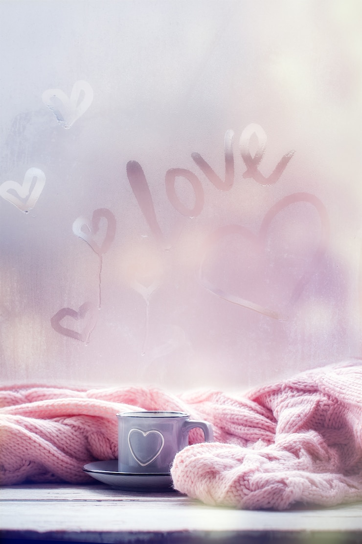 Photo tasse de thé, café, chocolat et plaid rose sur une fenêtre brumeuse avec texte d'amour. humeur d'amour. concept hygge.