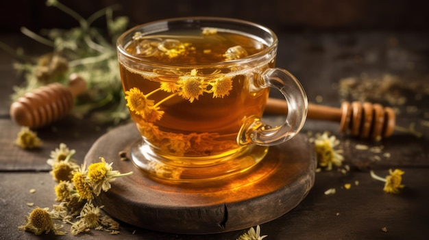 Photo une tasse de thé à la camomille avec un bâton de cannelle sur le côté