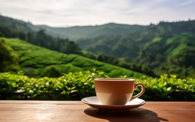 Une tasse de thé en céramique blanche sur une table en bois