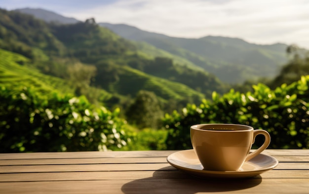 Une tasse de thé en céramique blanche sur une table en bois