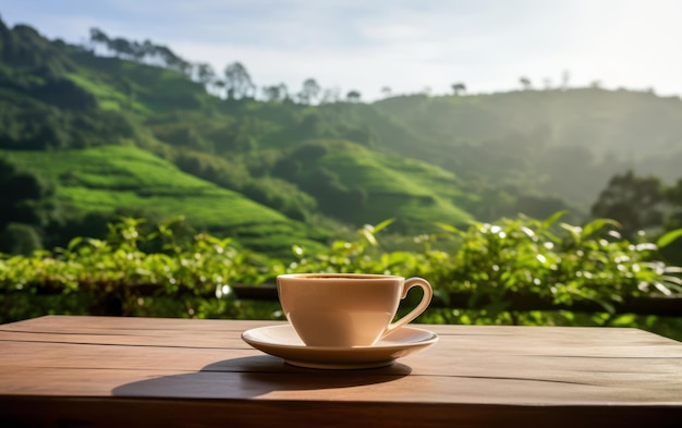 Une tasse de thé en céramique blanche sur une table en bois