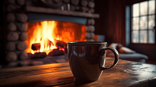 Une tasse de thé chaud sur une chaise avec une couverture de laine dans un salon confortable avec cheminée Une journée d'hiver confortable créée avec la technologie Generative Al