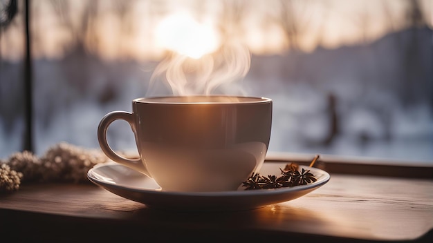 Tasse de thé chaud dans une ambiance hivernale IA générative