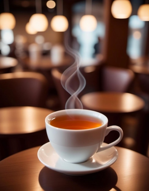 Une tasse de thé chaud dans un café effet bokeh anamorphe photo tiltshift thé aromatique délicieux dans une jolie tasse