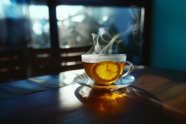 Une tasse de thé chaud avec du citron sur la table sous les rayons du soleil du matin